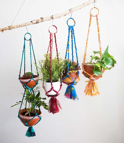 Matr Boomie Upcycled Assorted Muliticolor Sari Fabric Macrame Plant Hanger Indoor Hanger with Tassels, Boho Home Decor 24 Inch, Holds 6" Pot (Pot not Included, Colors Vary) (3)