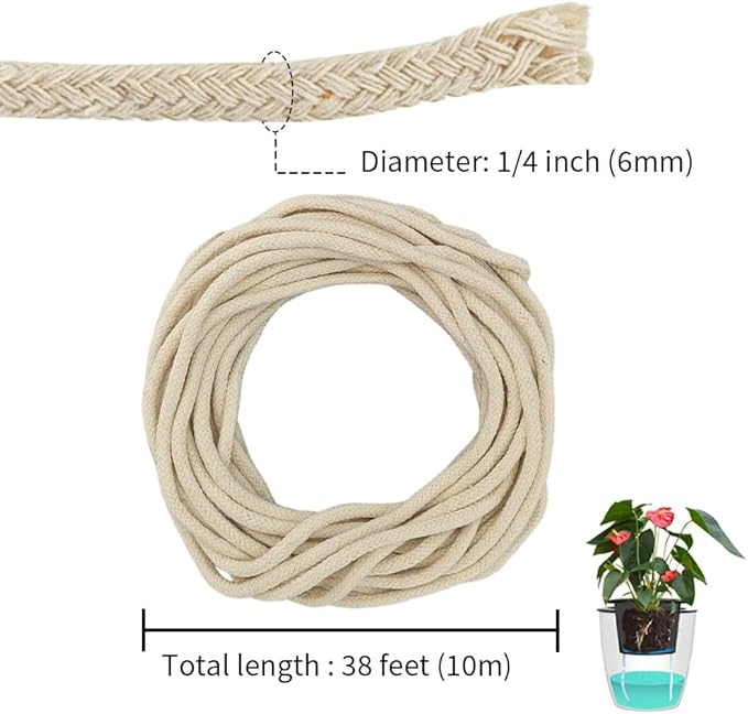32.8 feet 1/4 Inch Natural White Self Watering Wick Cord Automatic Watering Cotton Rope System Hydroponic Wicking for Vacation Plant Care Capillary Wicks for Self Watering Planters and Pot