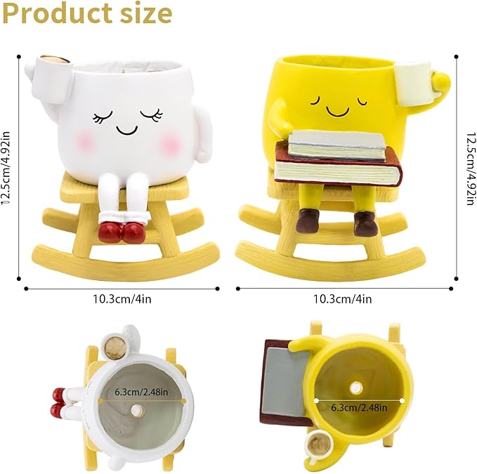 Smily Face Rocking Chair Planter - Cute Resin Book Coffee Succulents Plant Pots with Drainage Hole for Indoor Outdoor Garden, Gift IdeaI for Mother Appreciation Christmas (White and Yellow)