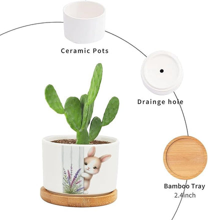DreamAutumn Easter Bunny Peeking Ceramic Pots for Plants with Drainage Holes Round Flower Pot Bamboo Tray Orchid Pot Succulents Pots for Outdoor Indoor Plants