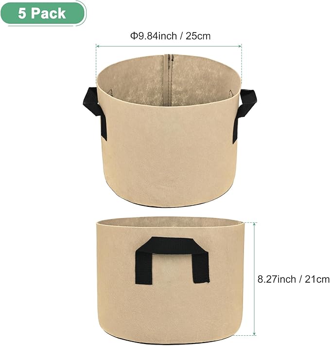 5-Pack Plant Grow Bags 3 Gallon Grow Bags 300G Thickened Fabric Pots with Durable Handles Plant Garden Grow Pots for Fruits/Vegetables/Flowers/Plants [Khaki]