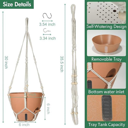 Self-Watering Hanging Planters for Indoor Plants Set 2-Piece Includes Plant Hanging Pot, Drainage-Hole Hanging Pot, and Hanging Basket Rack (Terracotta,10 Inches)