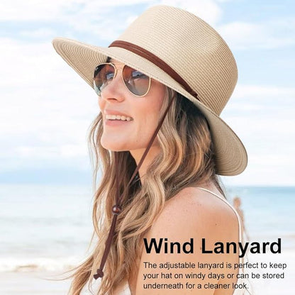 DRESHOW Women Straw Panama Hat Travel Fedora Beach Sun Hat Summer Wide Brim Straw Roll up Hat UPF 50+
