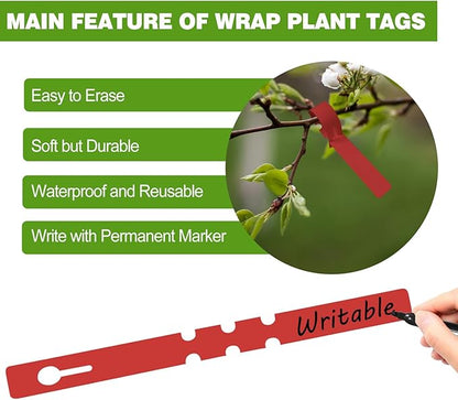 Plant Labels 200 Pcs Yuanling Plastic Plant Tree Tags Wrap Around Hanging Tags Nursery Tree Markers Adjustable Garden Labels for Indoor Outdoor Gardening Plants (Red with 1 Marker Pen)