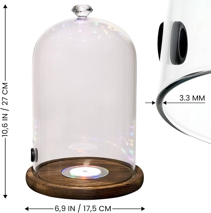 Smoking Gun Accessory LED lights Glass Dome 9" x 5.7" Lid Wooden Base - Glass Smoke infuser Cover Lid for Cocktail Smoker - Dome for Cold Smoke, Smoking Cloche for Drinks