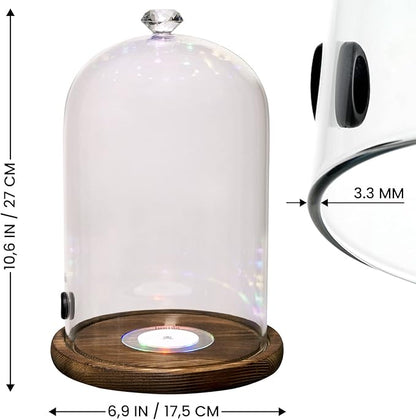 Smoking Gun Accessory LED lights Glass Dome 9" x 5.7" Lid Wooden Base - Glass Smoke infuser Cover Lid for Cocktail Smoker - Dome for Cold Smoke, Smoking Cloche for Drinks