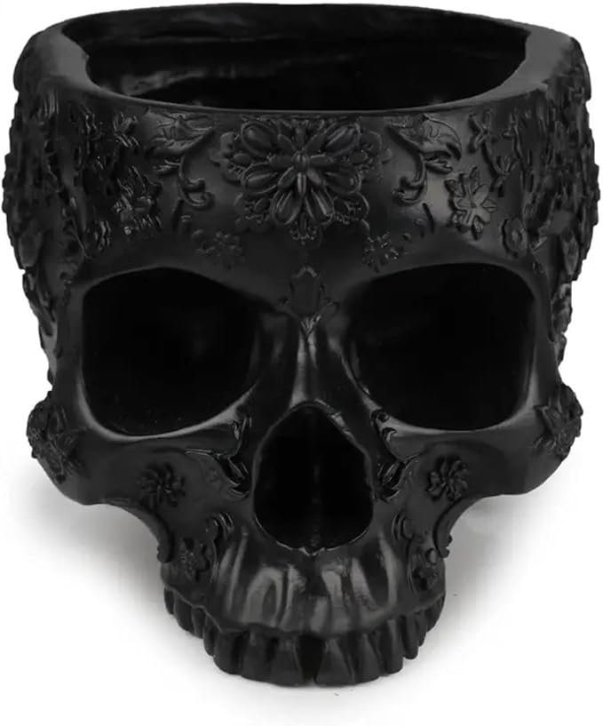Black Skull Planter Pot 6 Inch Skeleton Head Pot for Succulents Flowers, & Bowl Dish Gothic Decor for Garden Home Parties Haunted House Spooky Black Display Halloween Skull Flower Pot Decoration Gift