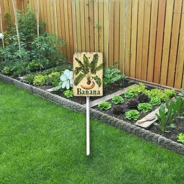 Uptell Vintage Aluminum Banana Fruit Signs Yard Sign with Stake for Garden Fruit Garden Label Stakes Plant Markers for Outdoor Plants Waterproof 7x8.8 inch