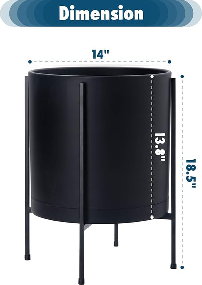 D'vine Dev 14 Inch Black Planter Pot with Stand – Modern Plastic Cylinder Flower Pot with Heavy-Duty Metal Stand for Indoor Plants, 55-D-B-4