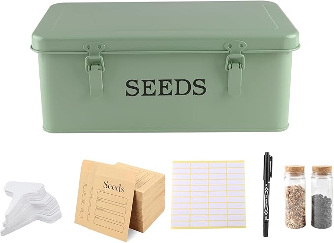 Seed Storage Box, Metal Seed Bin Seed Storage Organizer, 4 Dividers Seed Container with Safety Lock, Seed Box with Professional All-in-one Kit, Green