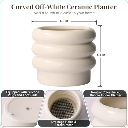 Tiered Bubble Ceramic Plant Pot, Creamy White 6 Inch Ceramic Planter with Drainage Holes, Flower Pot with Mesh Pad, Rubber Plugs, Plante Pots for Indoor Plants Outdoor, Modern Décor
