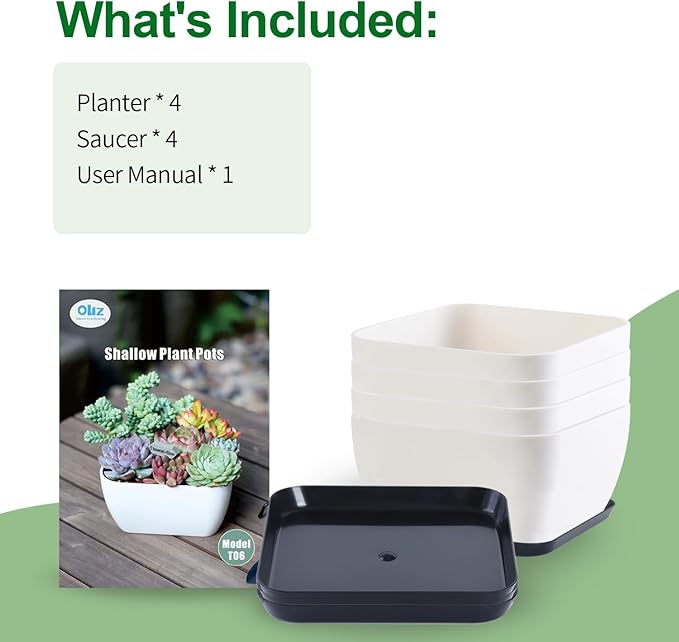 Succulent Pots 6 Inch Shallow Herb Planters with Drainage Hole - 4 Packs Cactus Planter for Home Office Garden Plants Pot Present - Plants Not Included (Off White)