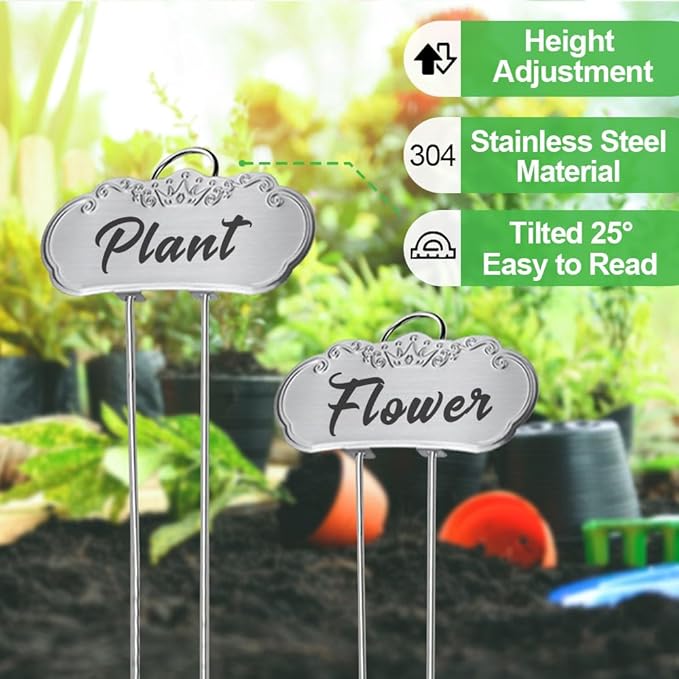 50 Packs Metal Plant Labels, Tall Outdoor Garden Markers for Flowers, Fruits and Vegetables, 304 Stainless Steel Weatherproof Signs (4" x 1.9", Silver)