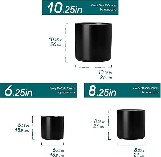 vancasso 6"+8"+10" Ceramic Pot for Plants, Large Outdoor Indoor Planter Pots with Drainage Holes, Set of 3, Black