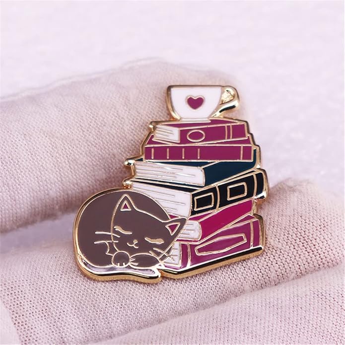 Cat Book Coffee Lovers Bookworm Literature Brooch Pins Enamel Cartoon Metal Badges Lapel Pin Brooches Jackets Jeans Fashion Jewelry Gift for Kids