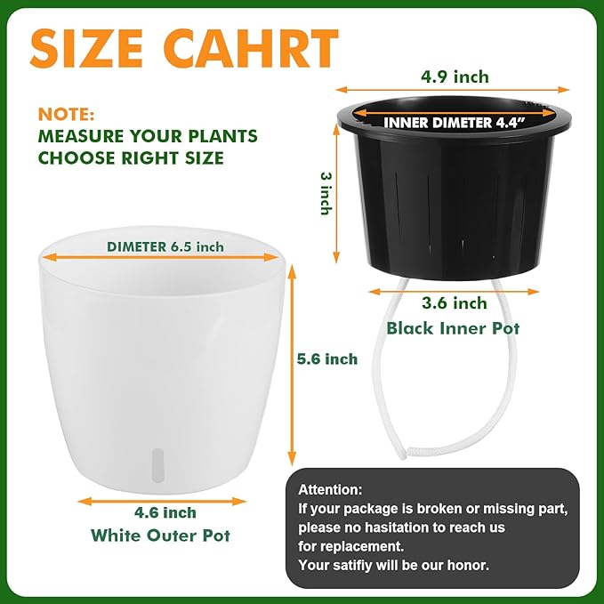 Planterhoma 6.7 Inch Self Watering Pots for Indoor Plants, 8 Packs African Violet Pots with Indicator, Black Wick Pot with Drainage Holes, Self Watering Planters for Orchid, Devil's Ivy, White