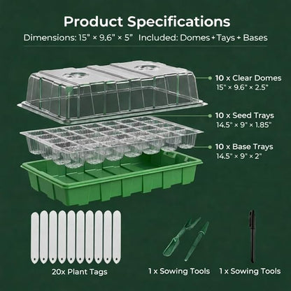 Gardzen 10 Pack 40 Cell BPA Free Seed Starter Tray Kit - Reusable Plant Germination Trays with Adjustable Vents, Sowing Tool & Labeling Set for Indoor Gardening Vegetables Herbs Flowers