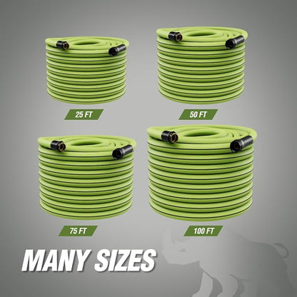 Rugged Rhino Heavy Duty Flexible Light Weight Garden Hose, 25ft x 5/8in, 4 Layer Leakproof Outdoor Gardening Tools, Watering Supplies, Powerful Water Pressure for Lawn, Flowers, Green Black