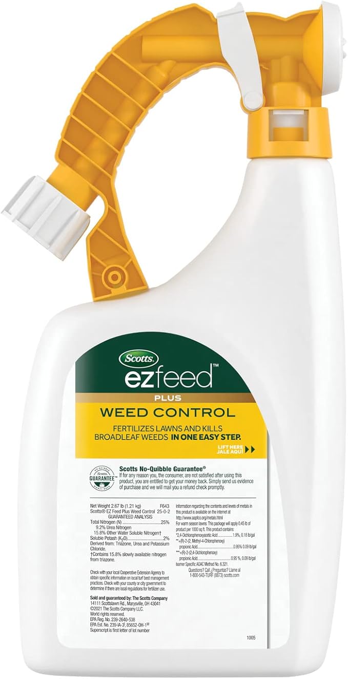 Scotts EZ Feed Plus Weed Control: Use on Northern and Southern Lawns, Fertilizes, Kills Clover, Dandelion, Ground Ivy, 32 oz.