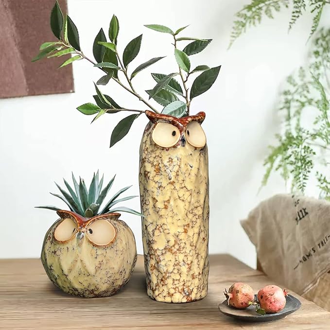 GeLive 9 Inch Owl Ceramic Vase, Farmhouse Flower Vase, Retro Owl Planter, String Pearl Succulent Pot for Bud Cutting Hydroponic Plant, Indoor Outdoor Home Decor, Cute Owl Fun Animal Cartoon Gift
