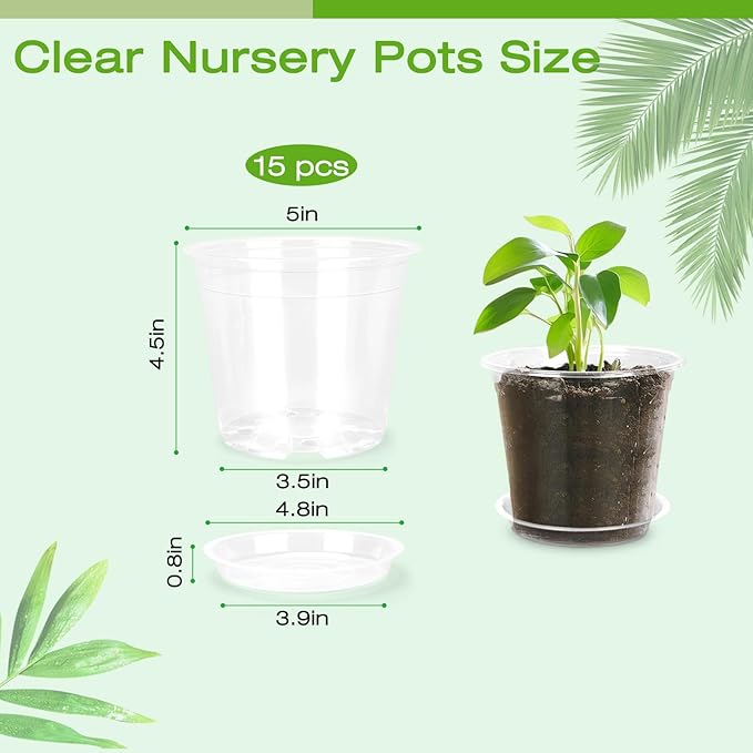 5 Inch Clear Nursery Pots with Drainage Trays, 15 Pack Plastic Pots for Plants, Clear Pot for Seed Starting, Transplanting, Succulents, and Indoor Gardening (5 inch)