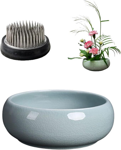 Water Lotus Bowl Planter Kit - Japanese Compote Bowl Ikebana Vase Set w/ 1.8" Floral Frog- Ideal for Ikebana, Flower Arrangement & Hydroponic Planting (Ice Crackle Celadon)