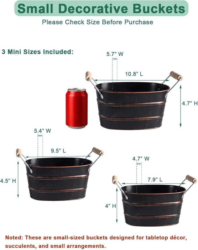 Galvanized Metal Oval Planter Buckets with Handles – Set of 3 Rustic Farmhouse Flower Tubs with Drain Holes & Plugs, Vintage Small Pots for Herbs, Succulents, Wedding or Tabletop Decor (Black)