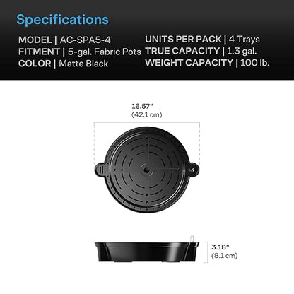 AC Infinity Self-Watering Fabric Pot Base, 4-Pack Auto-Irrigation Water Delivery System with Reservoir Meter, Elevated Plant Saucers for Use in Indoor Grow Tents, Greenhouses, and Outdoor Gardens