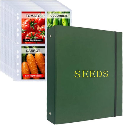 Seed Storage Organizer Binder,3 Ring Seed Packet Organizer with 100 Pockets(25 Pack Clear Sheet Protectors), Garden Seed Holder Book for Envelopes, Seed Saving Keeper, Green