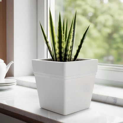 6-Pack 7 Inch Square Planters - Heavy Duty White Pots for Indoor Plants, Plastic Flower Pots with Built-in Drainage Tray & Stopper, Matte Modern Garden Planter, BPA-Free for Herbs & Succulents