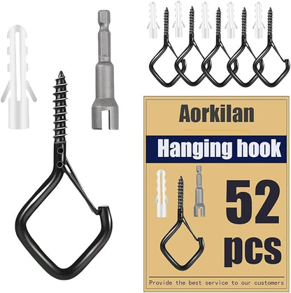 52-Pack Heavy-Duty Black Screw Eye Hooks with Safety Clips | Metal Ceiling Hooks for Hanging Plants, Wind Chimes, Bird Feeders & Indoor/Outdoor Lights