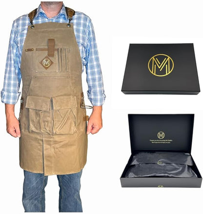 Mt Diablo 16oz - Woodworking Apron - Work Apron with Duck Weave Paraffin Waxed Canvas, Genuine Leather - Fits XS-XL