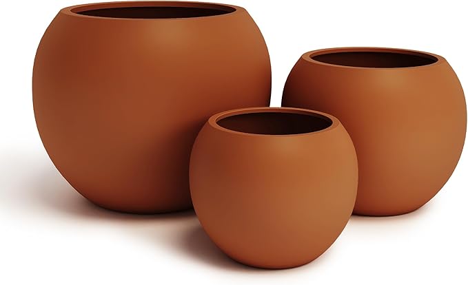 DTY Mount Sherman 12.6" D x 10'' H (Pot Opening 8.5") Fiberstone Round Planter with Drainage Hole, Smooth Finishes, Weather Resistant for Indoor and Outdoor, 2 Extra Coco Mats - Terracotta, Small