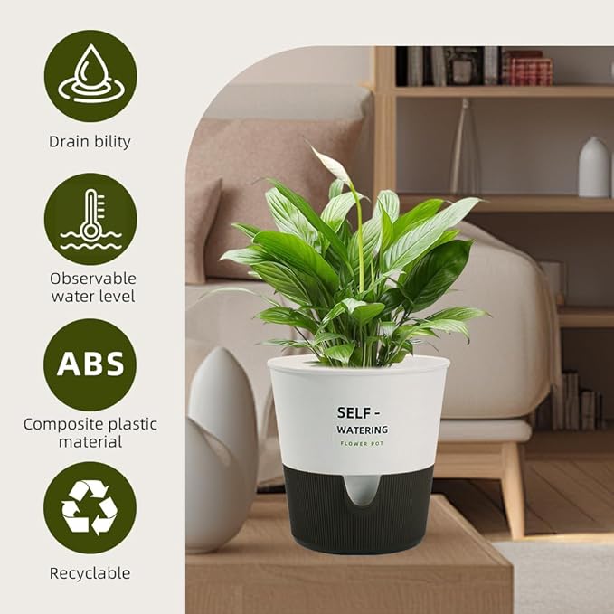 Flower and Plant Pot, Self Watering Plastic Plants Planter with Drainage Holes and Saucers, Modern Outdoor Indoor Decorative Flower Pot for Plants, Flowers, Herbs, Succulents (White, 6.5 inch)