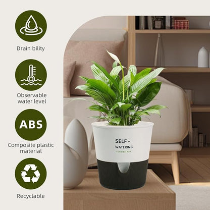 5/6.5/7.5 Inch Self Watering Pots for Indoor/Outdoor ,4 Pack plastic Planters for Indoor Plants with Drainage Holes and Saucers, Modern Decorative Flower Pot for Plants (White, 5-Inch, 4-Pack)