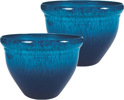 The HC Companies 16 Inch Pizzazz Round Planter Pots with Ceramic Look, Lightweight UV-Resistant Plastic Indoor & Outdoor Planters, 2-Pack Flower Pots for Garden & Home Decor, Admiral Blue