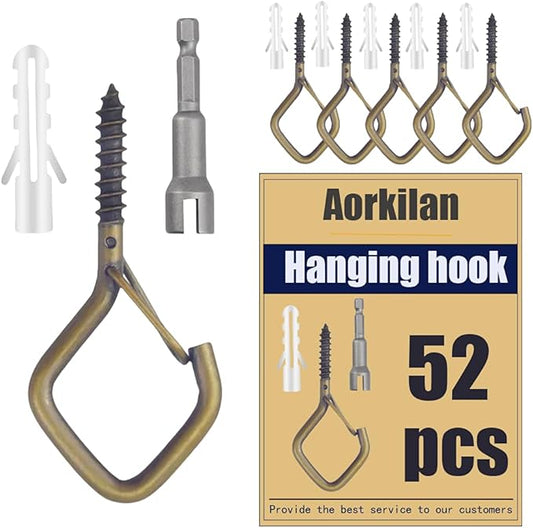 52-Pack Heavy-Duty Bronze Screw Eye Hooks with Safety Clips | Metal Ceiling Hooks for Hanging Plants, Wind Chimes, Bird Feeders & Indoor/Outdoor Lights