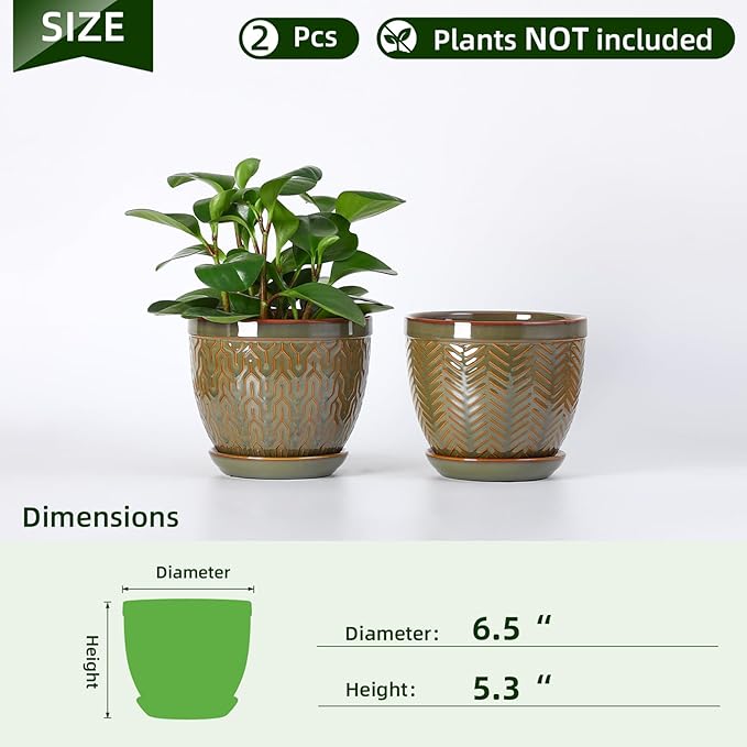 Sureasy 6.5 Inch Ceramic Plant Pots, Embossed Decorative Planters with Drainage Hole and Saucer, Modern Flower Pots for Indoor Plants, Set of 2, Green