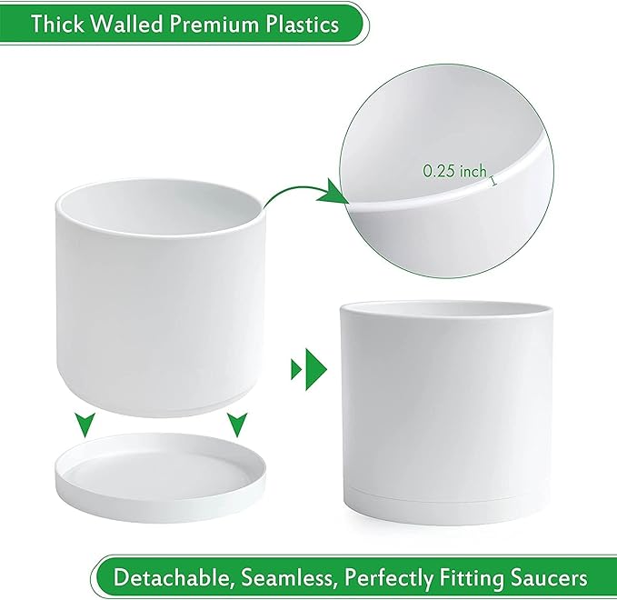 D'vine Dev 2 Pack 8 Inch Modern Plastic Plant Pots, Cylindrical Garden Planters for Plants with Drainage Holes and Saucers, White, 74-Z-M-1