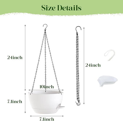 2 Pack 10 Inch Self Watering Hanging Planters for Indoor Plants, Large White Plastic Hanging Pots with Chains for Outdoor Patio Garden Home Decor (White)