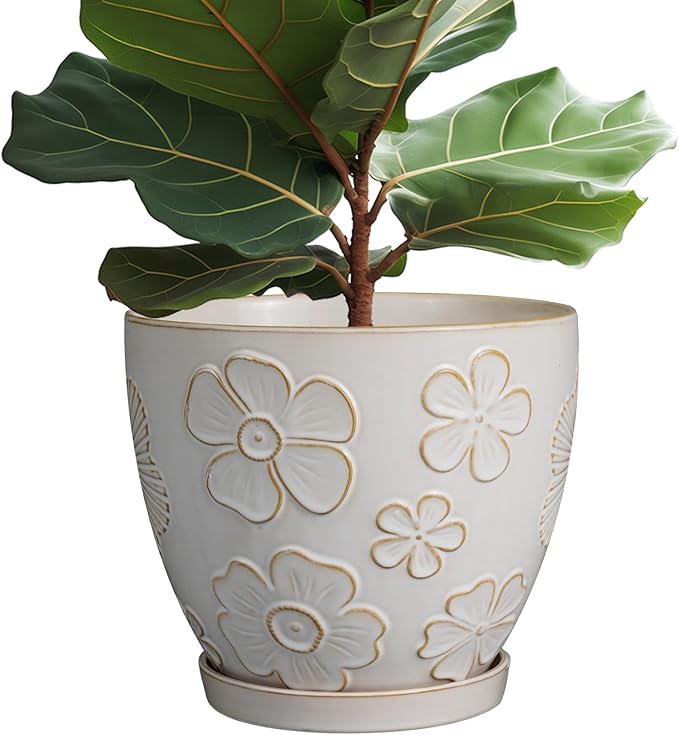 10 Inch Ceramic Planter Pot Large Plant Pot for Indoor Plants Outdoor Round Flower Pot with Drainage Hole and Saucer for Home Garden Decor White