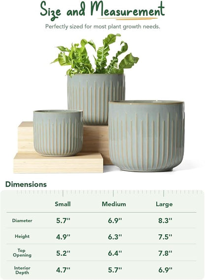 LE TAUCI Fluted Ceramic Pots for Plants, 8.3/7/6 Inch Indoor Planters with Drainage Holes & Mesh, Modern Glossy Glaze Cylinder Plant Pot for Snake Plant, Set of 3, Mist Gray