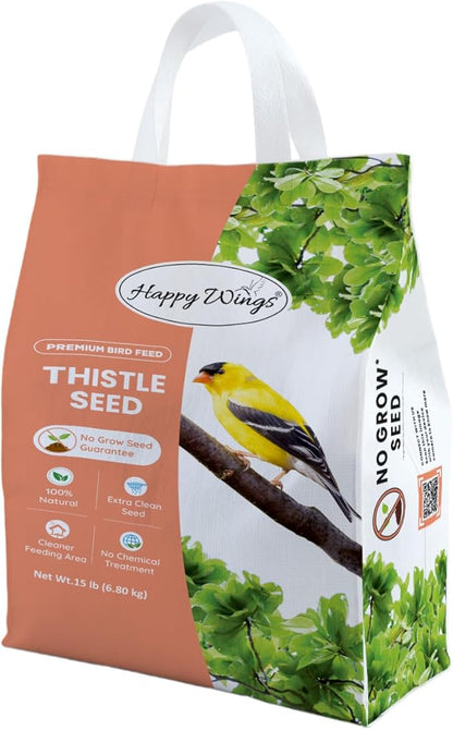 Happy Wings Nyjer Thistle Seeds for Wild Birds 15 lbs No Grow Premium Bird Seed Attracts Finches, Goldfinches, Ideal for Year-Round Feeding High in Protein and Energy.