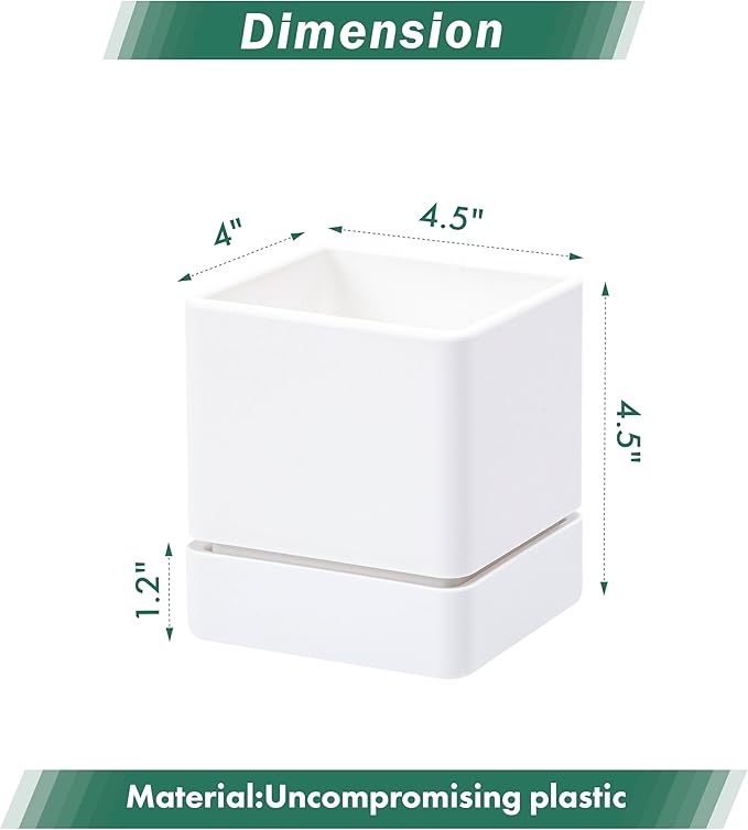 D'vine Dev 4 Inch Herb Planter Pot, Plastic Planter with Drainage Holes and Saucer, Modern Decorative Gardening Pot for Indoor Plants, Flowers, Herbs, Succulents, White, Set of 2, 76-Y-A2-1