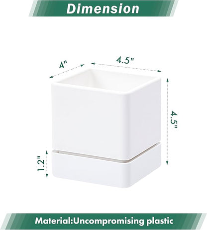 D'vine Dev 4 Inch Herb Planter Pot, Plastic Planter with Drainage Holes and Saucer, Modern Decorative Gardening Pot for Indoor Plants, Flowers, Herbs, Succulents, White, Set of 6, 76-Y-A6-1