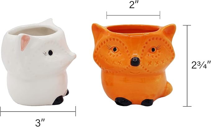 Cute Fox Gifts Animal Succulent Planters 2 Pack Ceramic Flower Pots with Drainage Hole, Office Décor