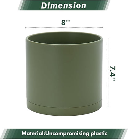 D'vine Dev 8 Inch Plastic Planter Pots for Plant Pot with Drainage Hole and Seamless Saucers, Olive, 74-X-I-1