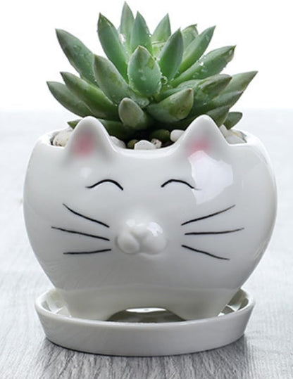 Ceramic Succulent Plant Pot Cactus Plant Pot Flower Pot Container Planter with Drainage Hole Home Office Desk Garden Gift Idea Animal Shaped Flower Pot Cute Vase Pot (Cat)