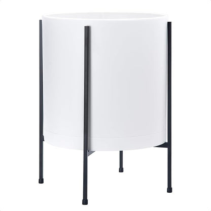 D'vine Dev 14 Inch White Planter Pot with Stand – Modern Plastic Cylinder Flower Pot with Heavy-Duty Metal Stand for Indoor Plants, 55-D-A-4