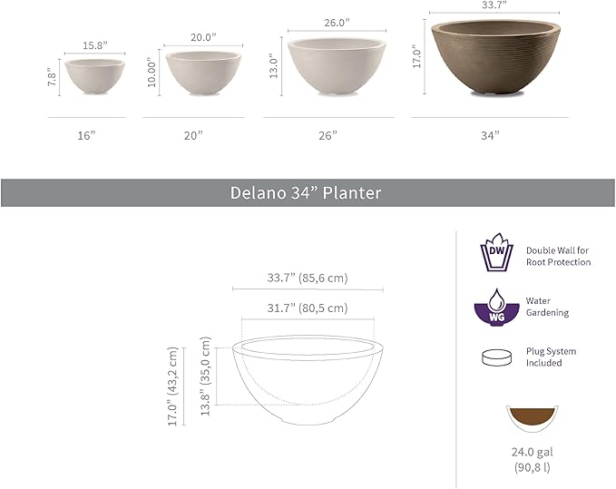 Crescent Garden Delano Bowl Planter, Large Outdoor Round Shallow Plant Pot for Water Garden, Bonsai Plant Pots, Succulents with Drain Hole - Double Walled Bowl Lotus Pot, 34" W (Mocha)